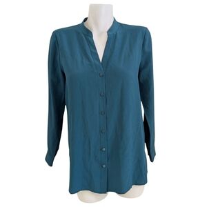 Eileen Fisher Petites Silk Blouse Teal Blue Long Sleeve Button Up Shirt Sz Small